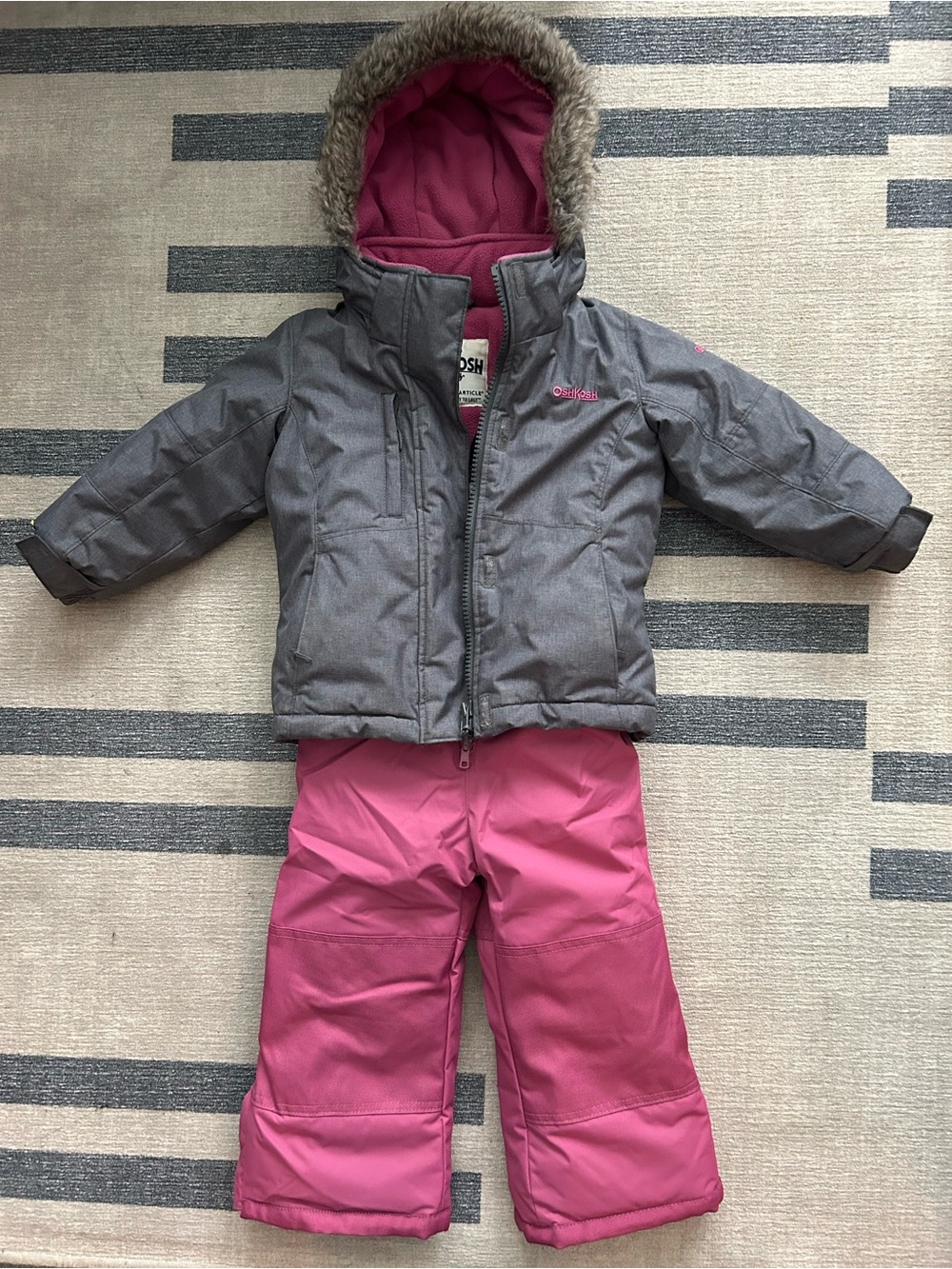 OshKosh Gray Hooded Winter Jacket & Pink Snow Pants Set